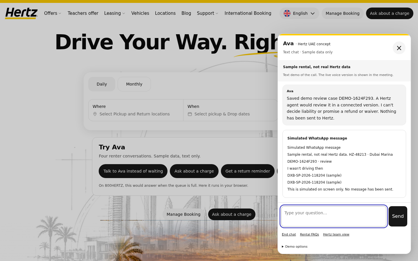Recorded sample conversation with Ava, showing the sample invoice and a review case
